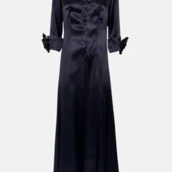 Camisa Larga De Seda Con Flores A Mano Azul Marino