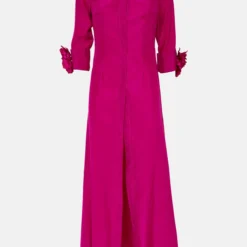 Camisa Larga De Seda Con Flores A Mano Fucsia