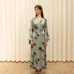 Vestido Cassatti Satén Pájaro Azul-gris